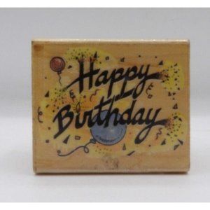 Stamp Wooden Happy Birthday w Balloons ©1984 All Night Media  2" x 1 5/8"